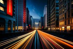 ein Stadt Straße beim Nacht mit Licht Wanderwege. KI-generiert foto