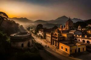 das Sonne setzt Über ein Stadt, Dorf im Indien. KI-generiert foto