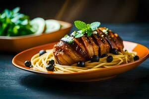 ein Teller von Spaghetti mit Fleisch und Blaubeeren. KI-generiert foto