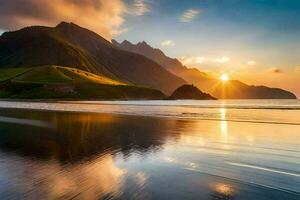 das Sonne steigt an Über ein Strand und Berge. KI-generiert foto