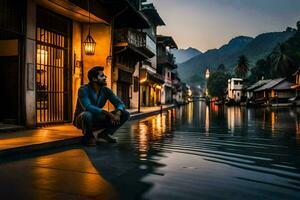 ein Mann Sitzung auf ein Dock im Vorderseite von ein Gebäude beim Nacht. KI-generiert foto