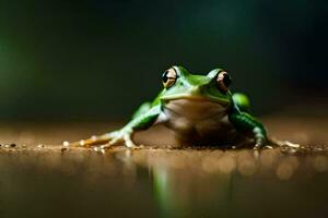 ein Frosch Sitzung auf das Boden mit ein dunkel Hintergrund. KI-generiert foto