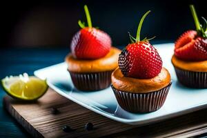 drei Cupcakes mit Erdbeeren auf oben. KI-generiert foto