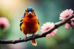 ein bunt Vogel sitzt auf ein Ast mit Rosa Blumen. KI-generiert foto