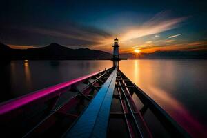 ein Leuchtturm steht auf das Wasser beim Sonnenuntergang. KI-generiert foto