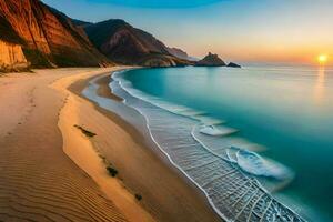 ein Strand mit Wellen und Sand beim Sonnenuntergang. KI-generiert foto