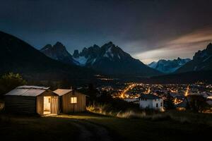 ein klein Kabine im das Berge beim Nacht. KI-generiert foto