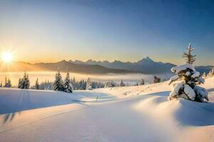 Schnee bedeckt Bäume im das Schnee beim Sonnenuntergang. KI-generiert foto