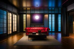 ein Leben Zimmer mit ein rot Couch und ein Kaffee Tisch. KI-generiert foto