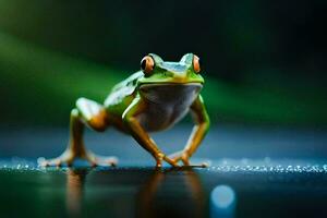 ein Frosch ist Stehen auf ein nass Oberfläche. KI-generiert foto