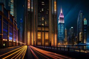 ein Stadt Straße beim Nacht mit Beleuchtung auf das Gebäude. KI-generiert foto