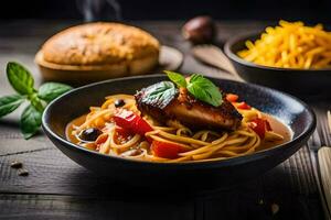 Spaghetti mit Fleisch und Gemüse im ein Schüssel. KI-generiert foto