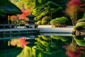 ein japanisch Garten mit ein Teich und Bäume. KI-generiert foto