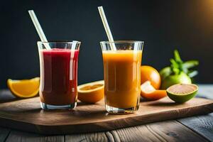 zwei Brille von Saft mit Strohhalme auf ein hölzern Tisch. KI-generiert foto