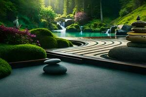 ein Zen Garten mit Felsen und Wasser. KI-generiert foto