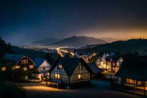 Foto Hintergrund das Himmel, Nacht, Berge, Häuser, Beleuchtung, das Dorf, das Stadt,. KI-generiert