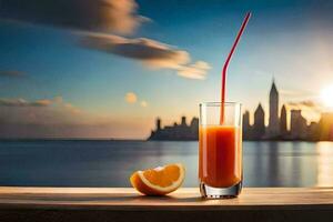 ein Glas von Orange Saft mit ein Sonnenuntergang im das Hintergrund. KI-generiert foto