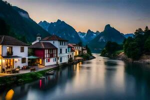 ein Fluss läuft durch ein Stadt, Dorf beim Dämmerung. KI-generiert foto