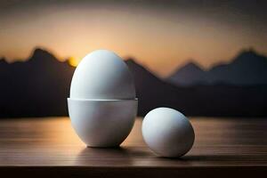 zwei Eier sitzen auf ein Tabelle mit Berge im das Hintergrund. KI-generiert foto