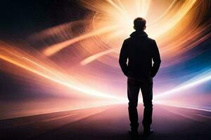 ein Mann Stehen im Vorderseite von ein hell Licht. KI-generiert foto