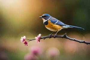 ein Blau und Orange Vogel sitzt auf ein Ast mit Rosa Blumen. KI-generiert foto