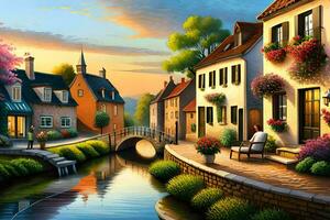 ein Gemälde von ein klein Stadt, Dorf mit ein Fluss und Blumen. KI-generiert foto
