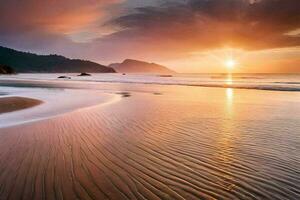 das Sonne setzt Über das Ozean und Wellen auf das Strand. KI-generiert foto