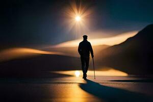 ein Mann Gehen auf das Strand beim Nacht. KI-generiert foto