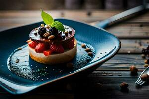 ein Dessert auf ein Blau Teller mit Beeren und Nüsse. KI-generiert foto