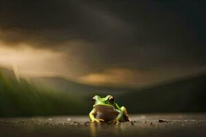 ein Frosch Sitzung auf das Boden im Vorderseite von ein stürmisch Himmel. KI-generiert foto