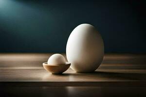 zwei Eier sitzen auf ein hölzern Tisch. KI-generiert foto