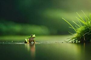 ein Frosch Sitzung auf das Kante von ein Teich. KI-generiert foto