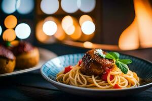 Spaghetti und Fleischklößchen im ein Schüssel. KI-generiert foto