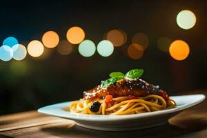 Spaghetti mit Fleisch und Soße auf ein Platte. KI-generiert foto