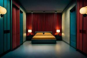 ein Schlafzimmer mit rot und Blau Wände und ein Bett. KI-generiert foto