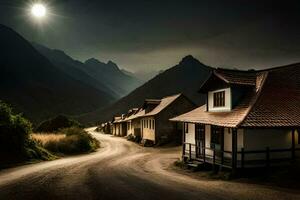 ein Straße führen zu ein Berg Dorf beim Nacht. KI-generiert foto