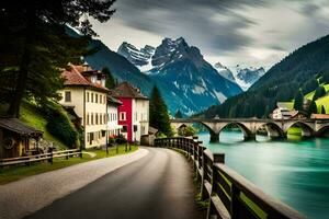 ein Brücke Über ein Fluss mit Häuser und Berge im das Hintergrund. KI-generiert foto