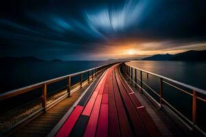 ein lange Brücke mit ein rot und Weiß Promenade. KI-generiert foto