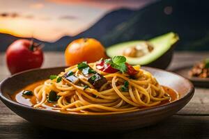 Spaghetti mit Tomate Soße und Gemüse auf ein hölzern Tisch. KI-generiert foto