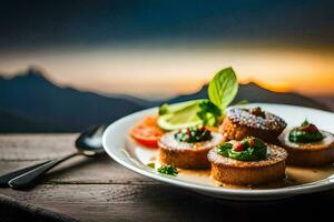 Essen auf ein Teller mit ein Sonnenuntergang im das Hintergrund. KI-generiert foto