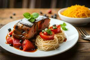 ein Teller mit Fleisch, Pasta und Gemüse auf Es. KI-generiert foto