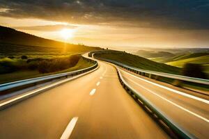 ein Autobahn mit ein Sonnenuntergang im das Hintergrund. KI-generiert foto