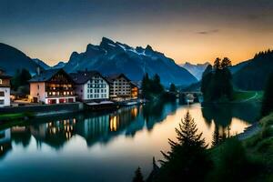 Foto Hintergrund Berge, das Nacht, See, Schweiz, das Alpen, das Alpen. KI-generiert