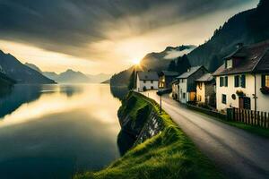 Foto Hintergrund das Himmel, Berge, Wasser, Straße, Häuser, See, Straße, Häuser,. KI-generiert