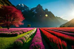 ein Feld von Blumen mit Berge im das Hintergrund. KI-generiert foto