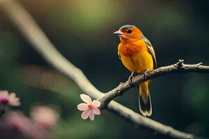 ein klein Orange Vogel sitzt auf ein Ast mit Rosa Blumen. KI-generiert foto