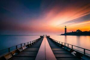 ein Seebrücke mit ein Leuchtturm beim Sonnenuntergang. KI-generiert foto