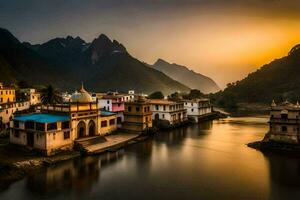 ein Fluss im Indien mit Gebäude und Berge im das Hintergrund. KI-generiert foto