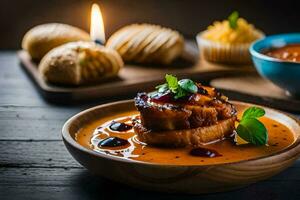 ein Schüssel von Suppe mit Fleisch und Brot auf ein Tisch. KI-generiert foto