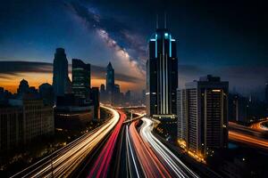 das Stadt Horizont beim Nacht mit der Verkehr Beleuchtung. KI-generiert foto